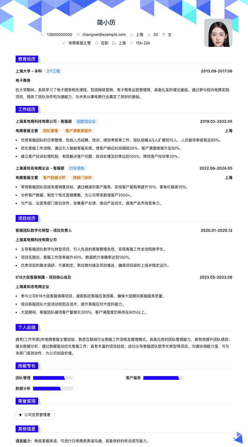 电商客服主管简历模板