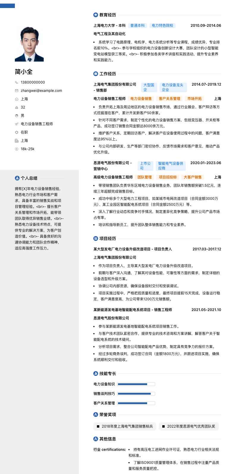 电力设备销售工程师简历模板