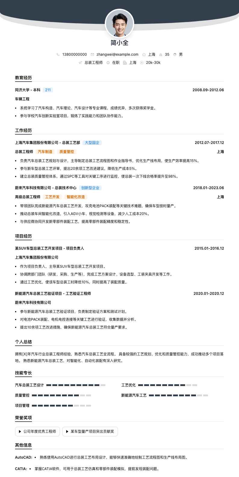 总装工程师简历模板