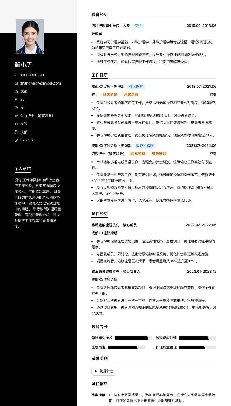 诊所护士输液简历模板