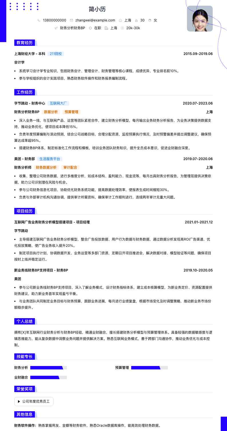 财务分析财务bp简历模板