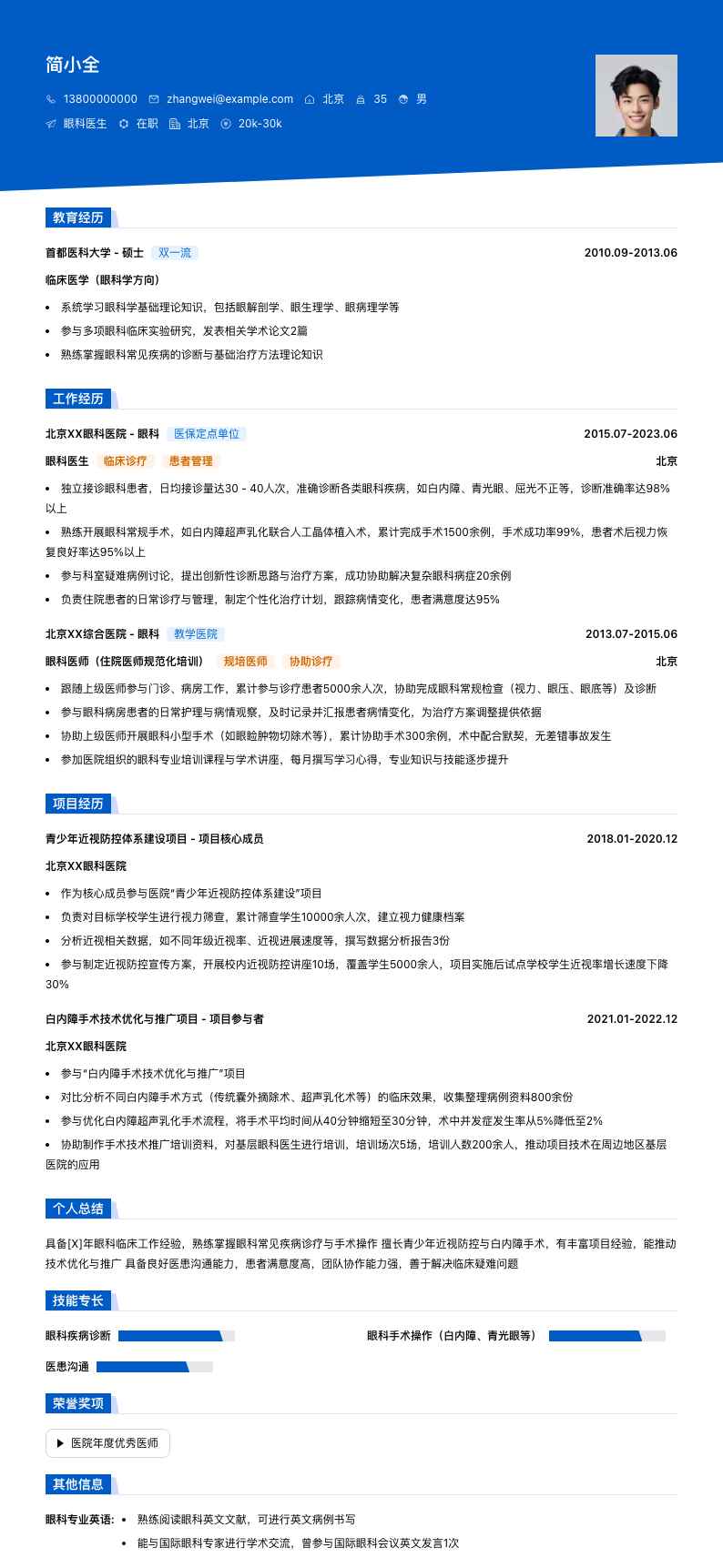 眼科医生简历模板
