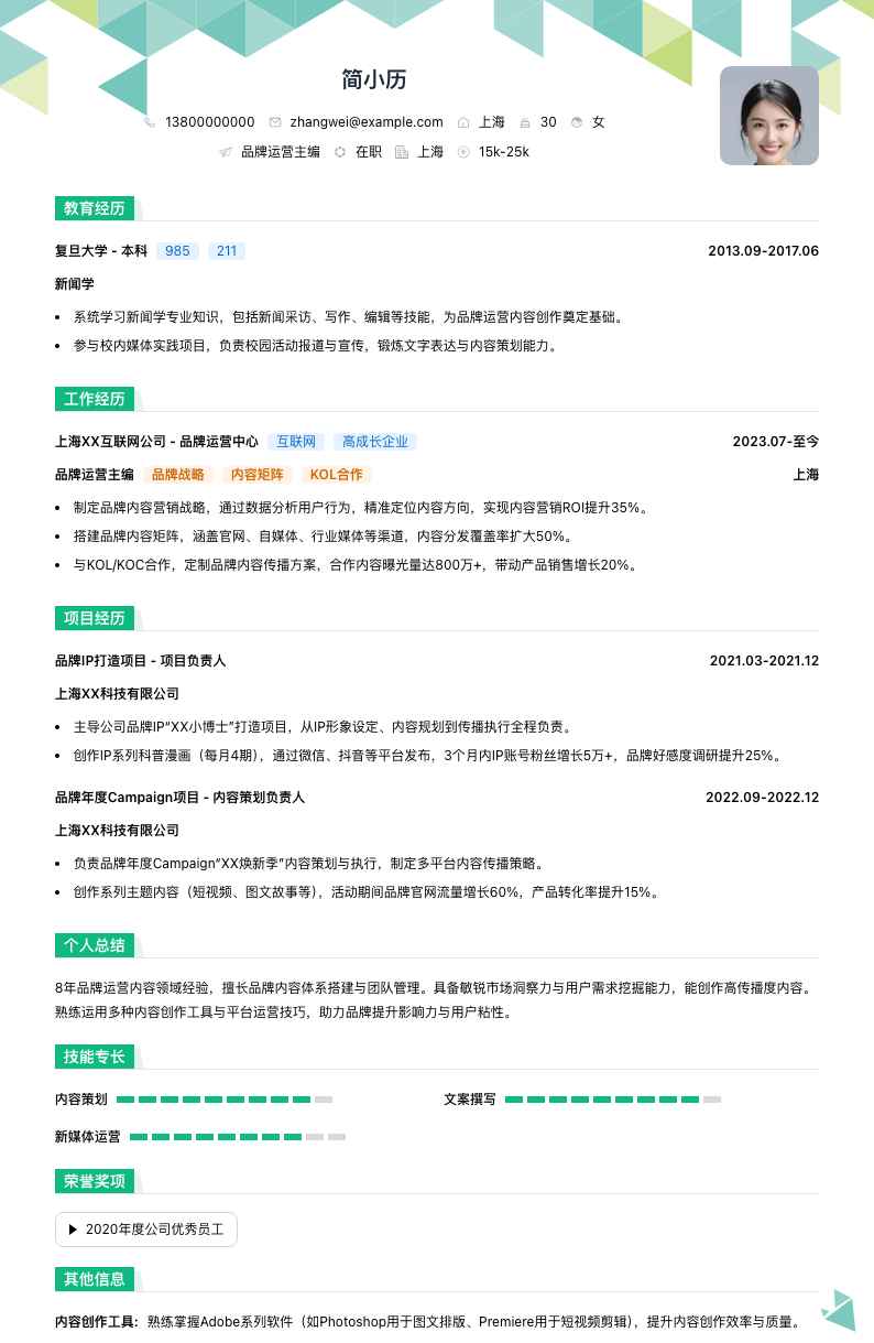 品牌运营主编简历模板