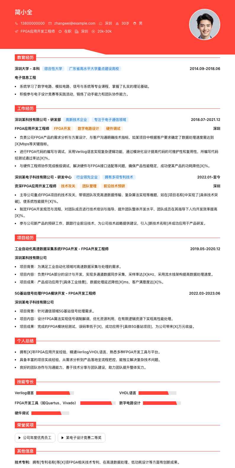 FPGA 应用开发工程师简历模板