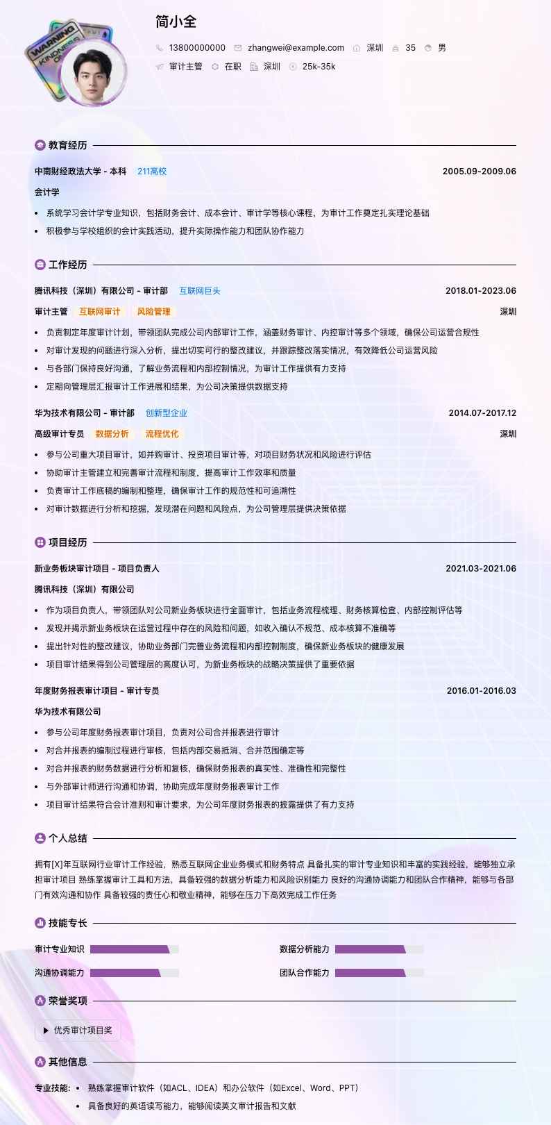 审计主管简历模板