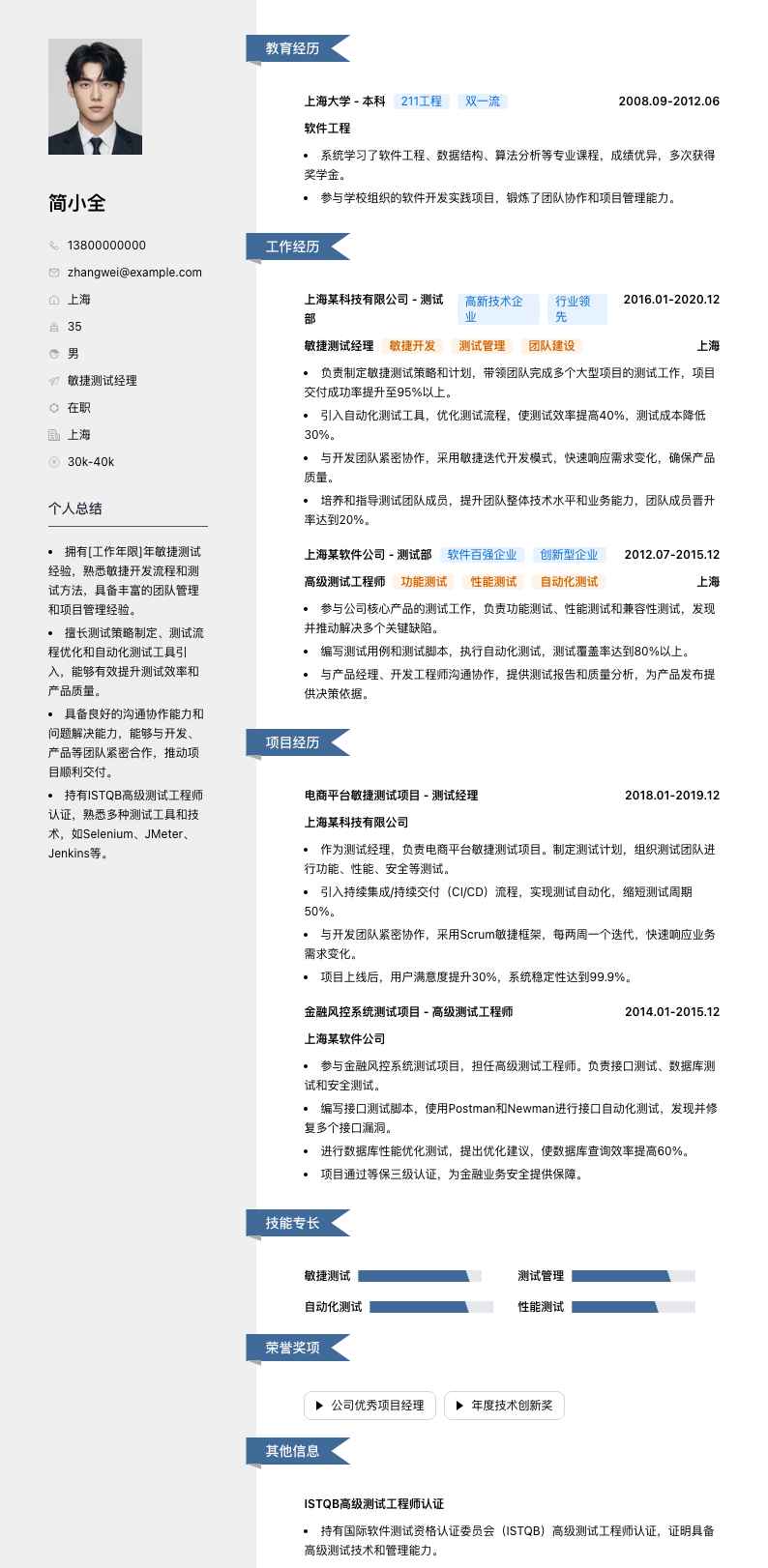 敏捷测试经理简历模板