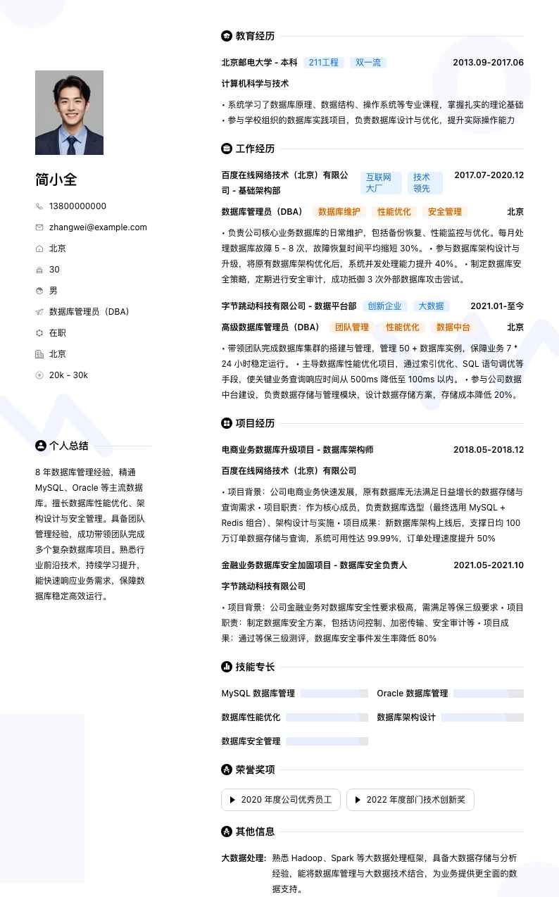 数据库管理员（DBA）简历模板