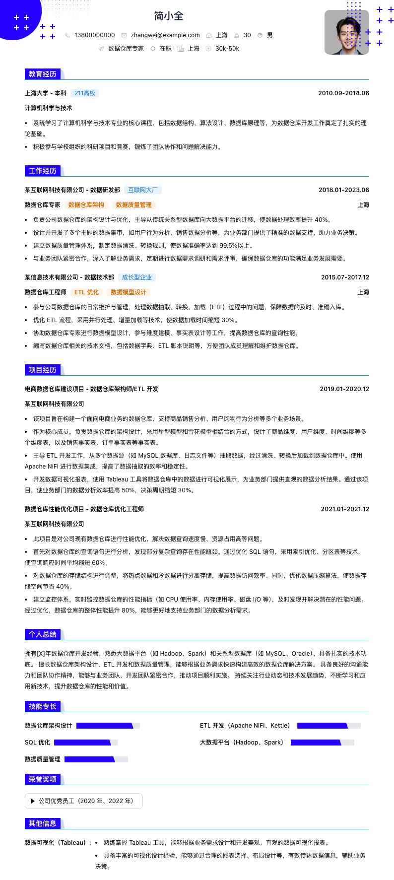 数据仓库专家简历模板