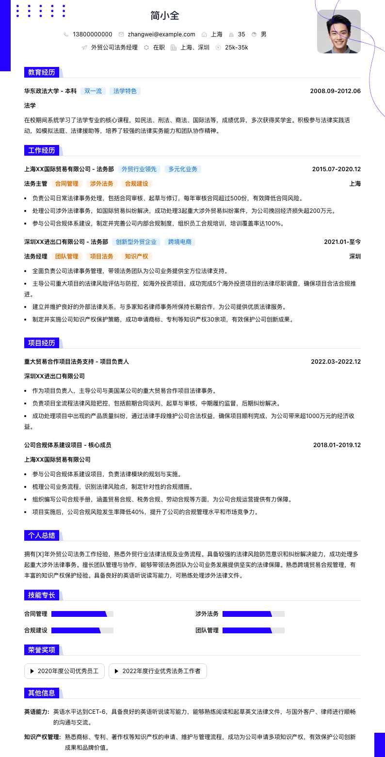 外贸公司法务经理简历模板