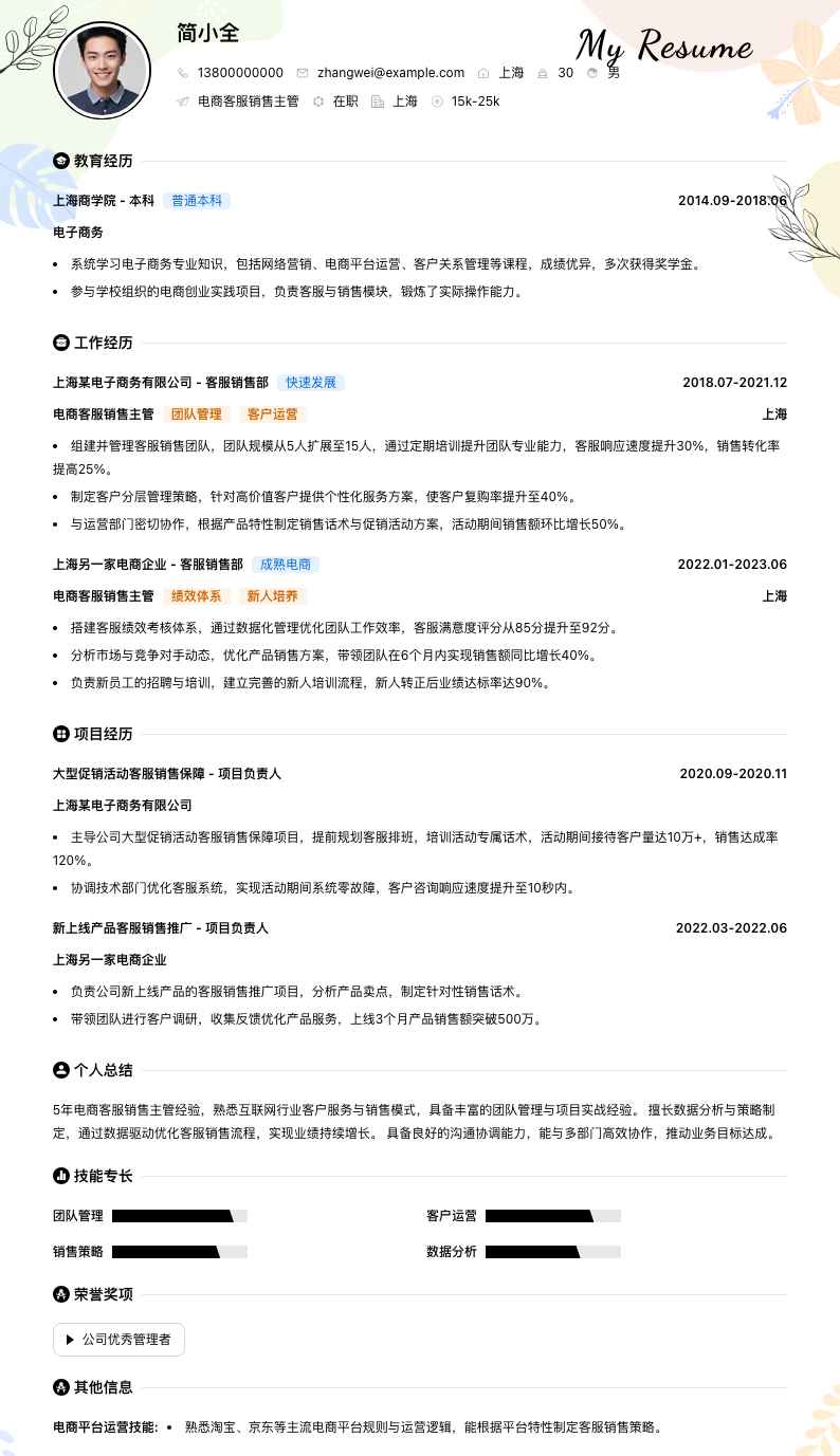 电商客服销售主管简历模板
