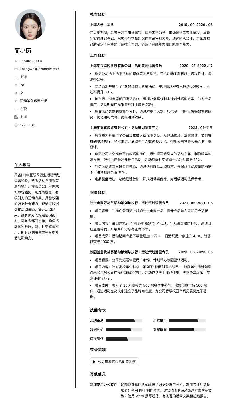 活动策划运营专员简历模板