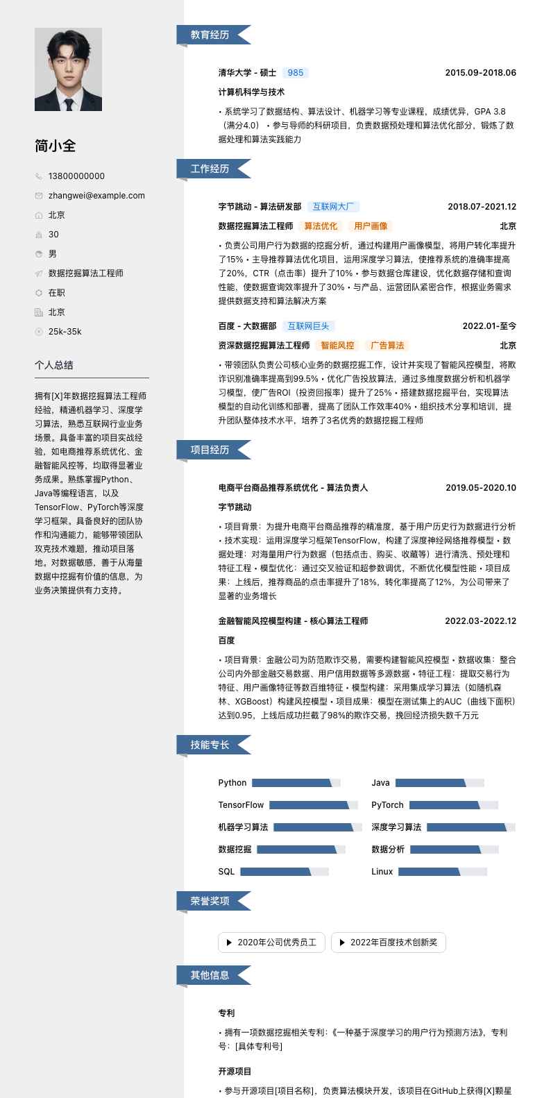 数据挖掘算法工程师简历模板