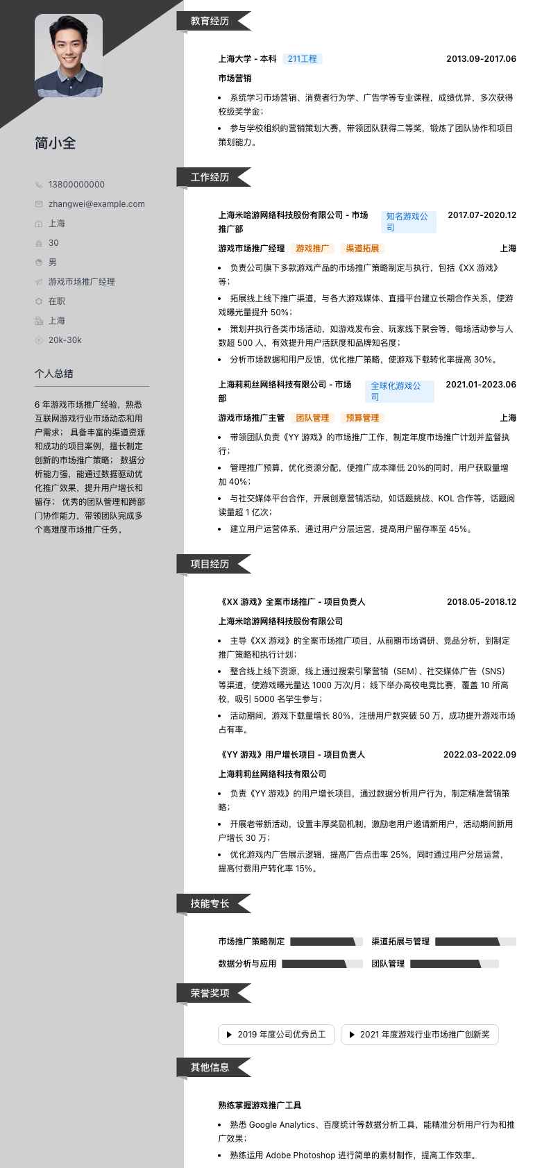 游戏市场推广经理简历模板