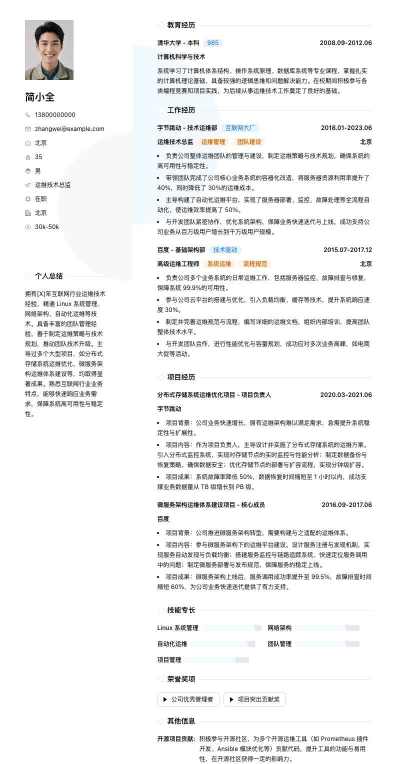 运维技术总监简历模板