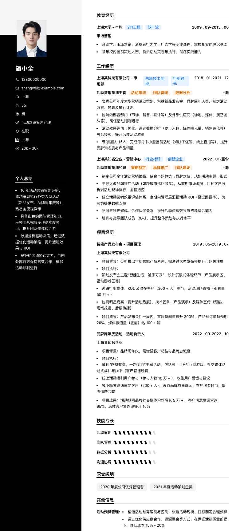 活动营销策划经理简历模板