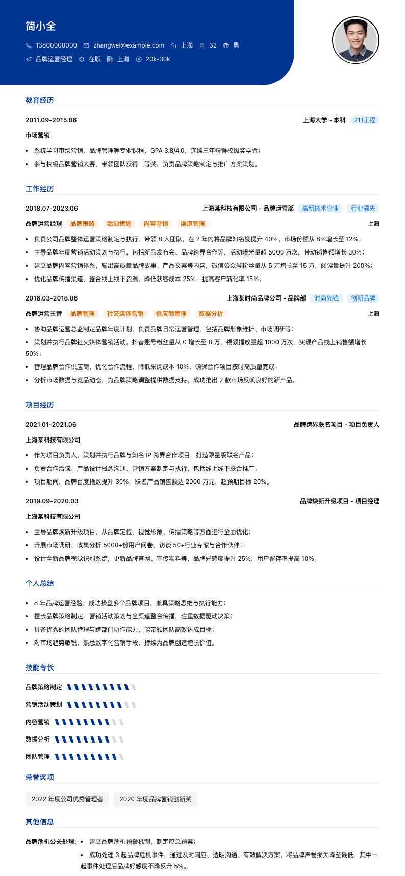 品牌运营经理简历模板