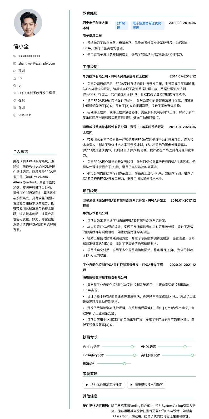 FPGA实时系统开发工程师简历模板