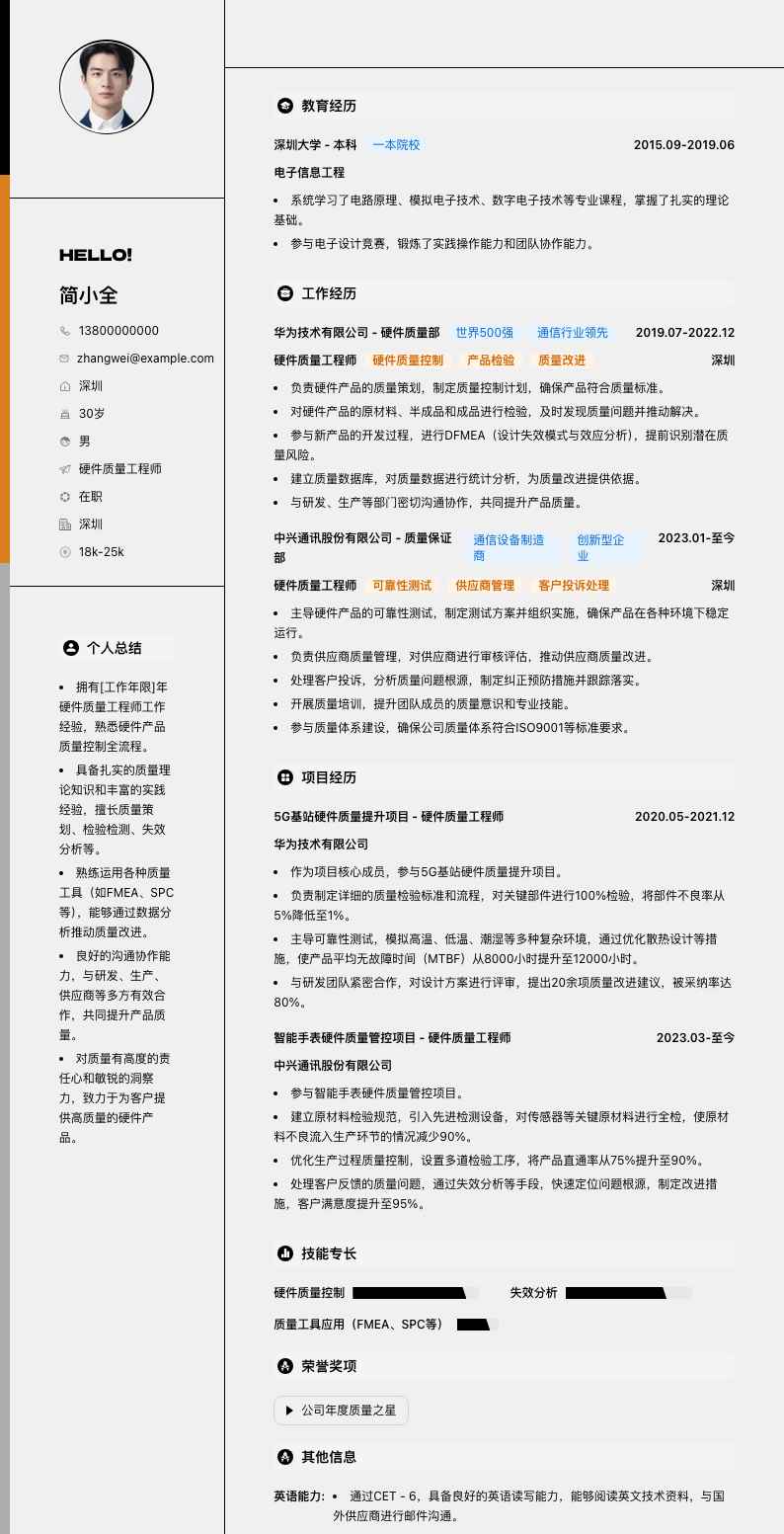 硬件质量工程师简历模板