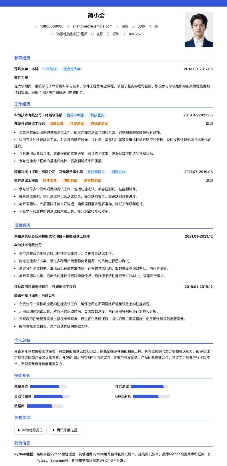 鸿蒙性能测试工程师简历模板