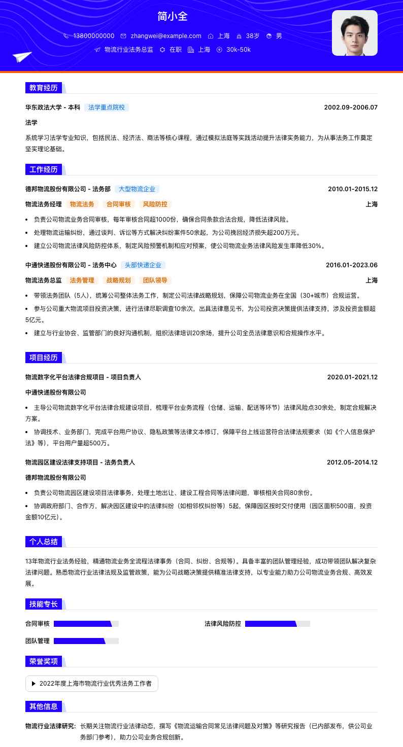 物流行业法务总监简历模板