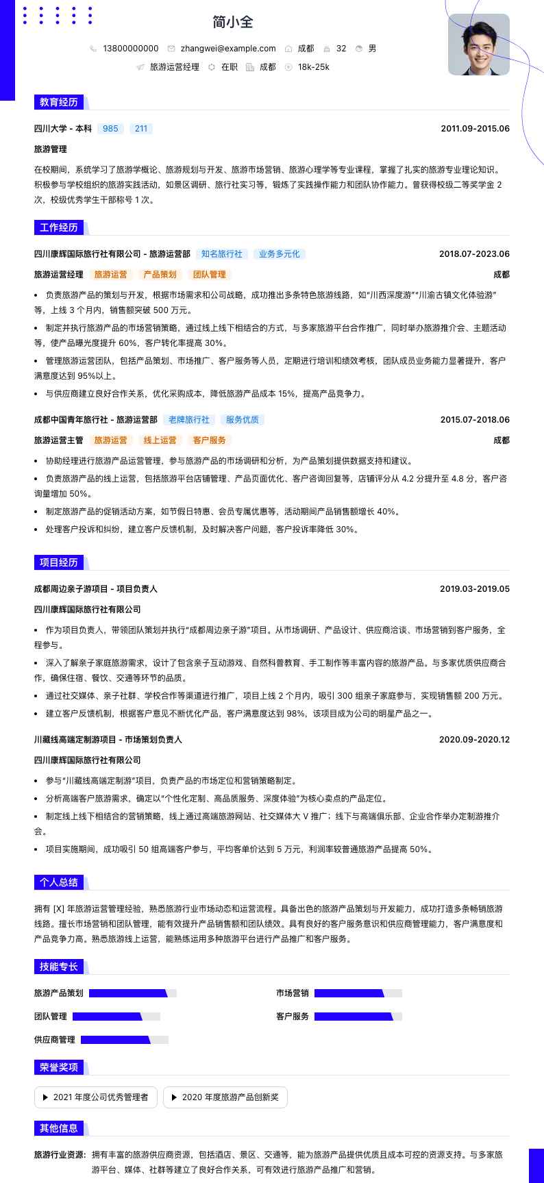 旅游运营经理简历模板