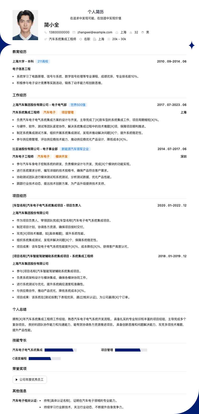 汽车系统集成工程师简历模板
