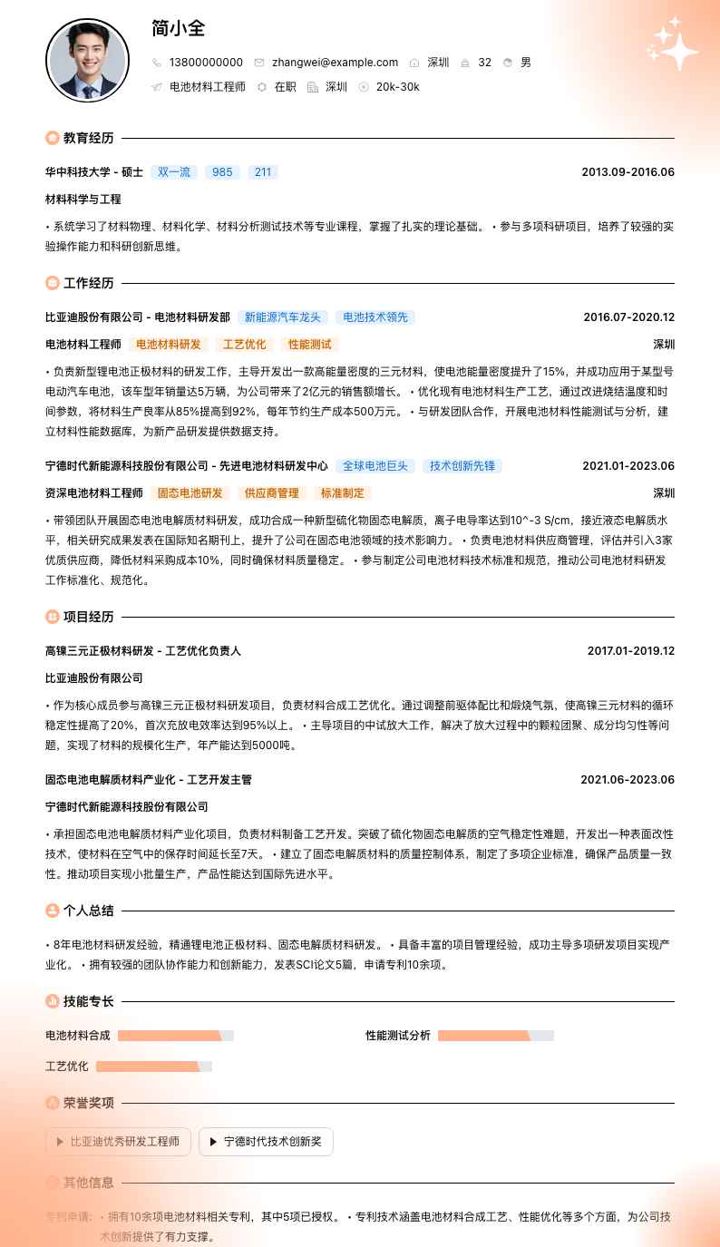 电池材料工程师简历模板