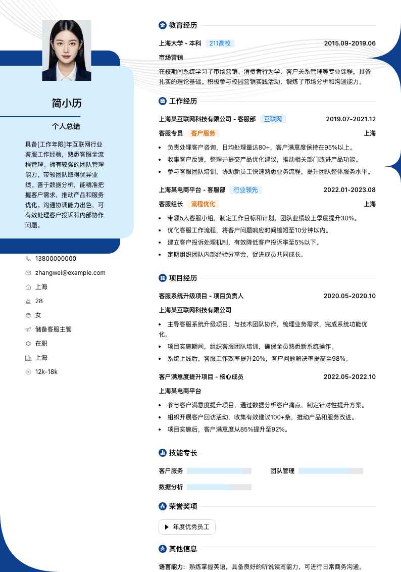 储备客服主管简历模板