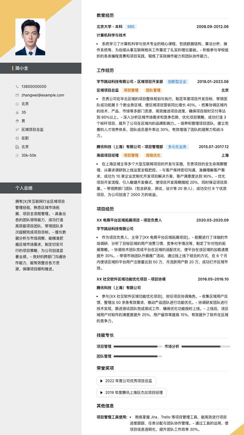 区域项目总监简历模板