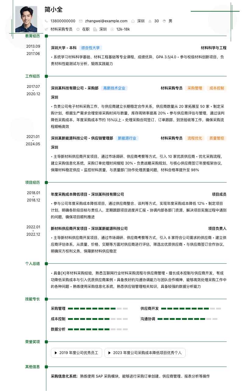 材料采购专员简历模板