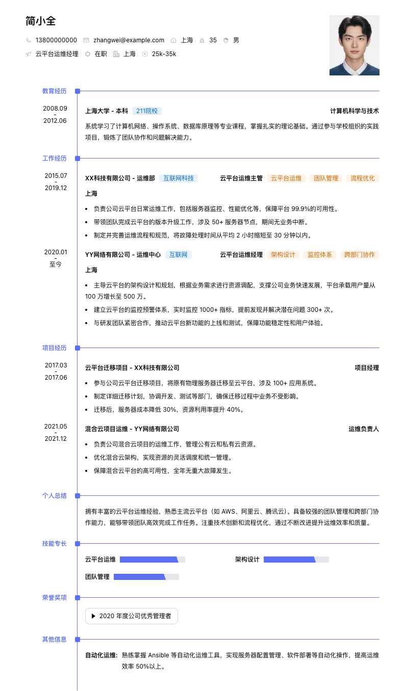 云平台运维经理简历模板