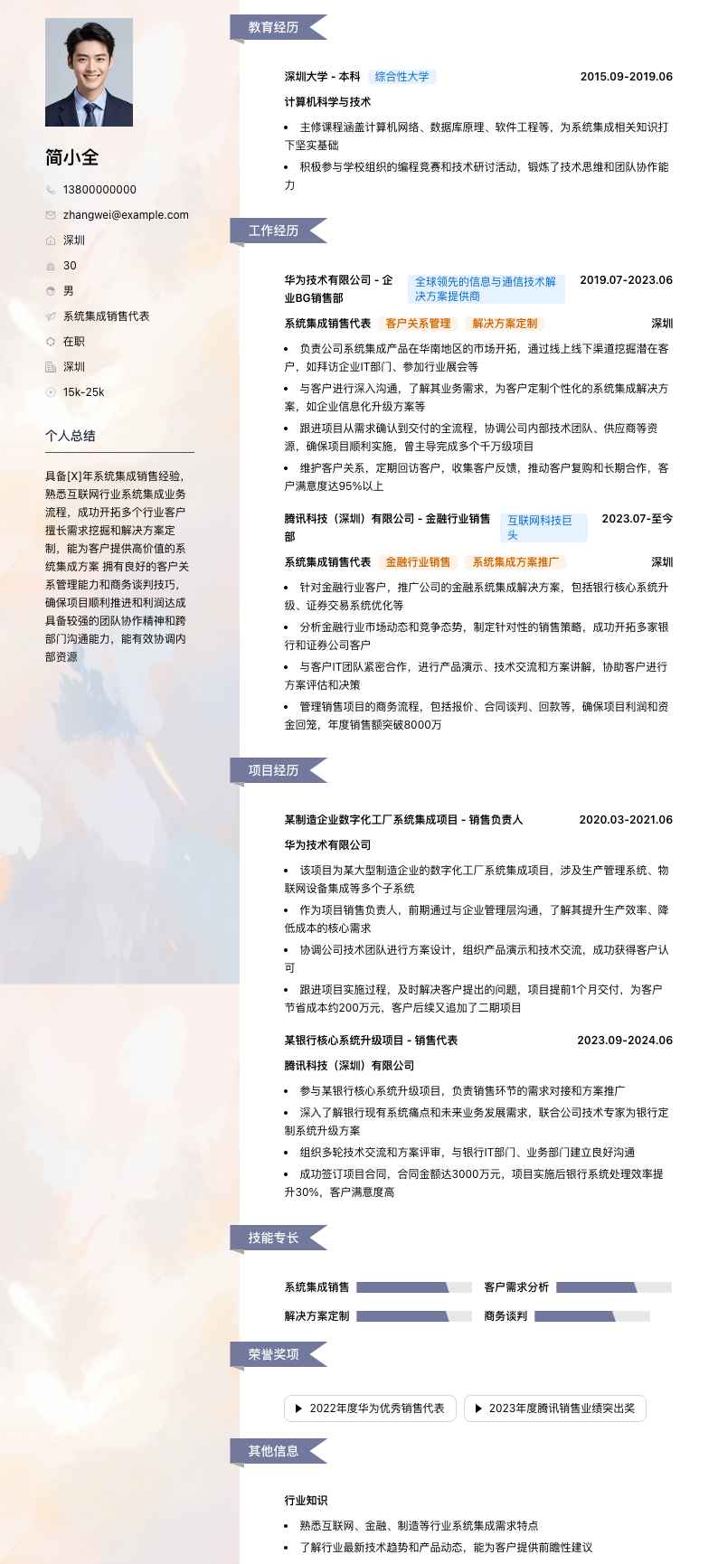 系统集成销售代表简历模板