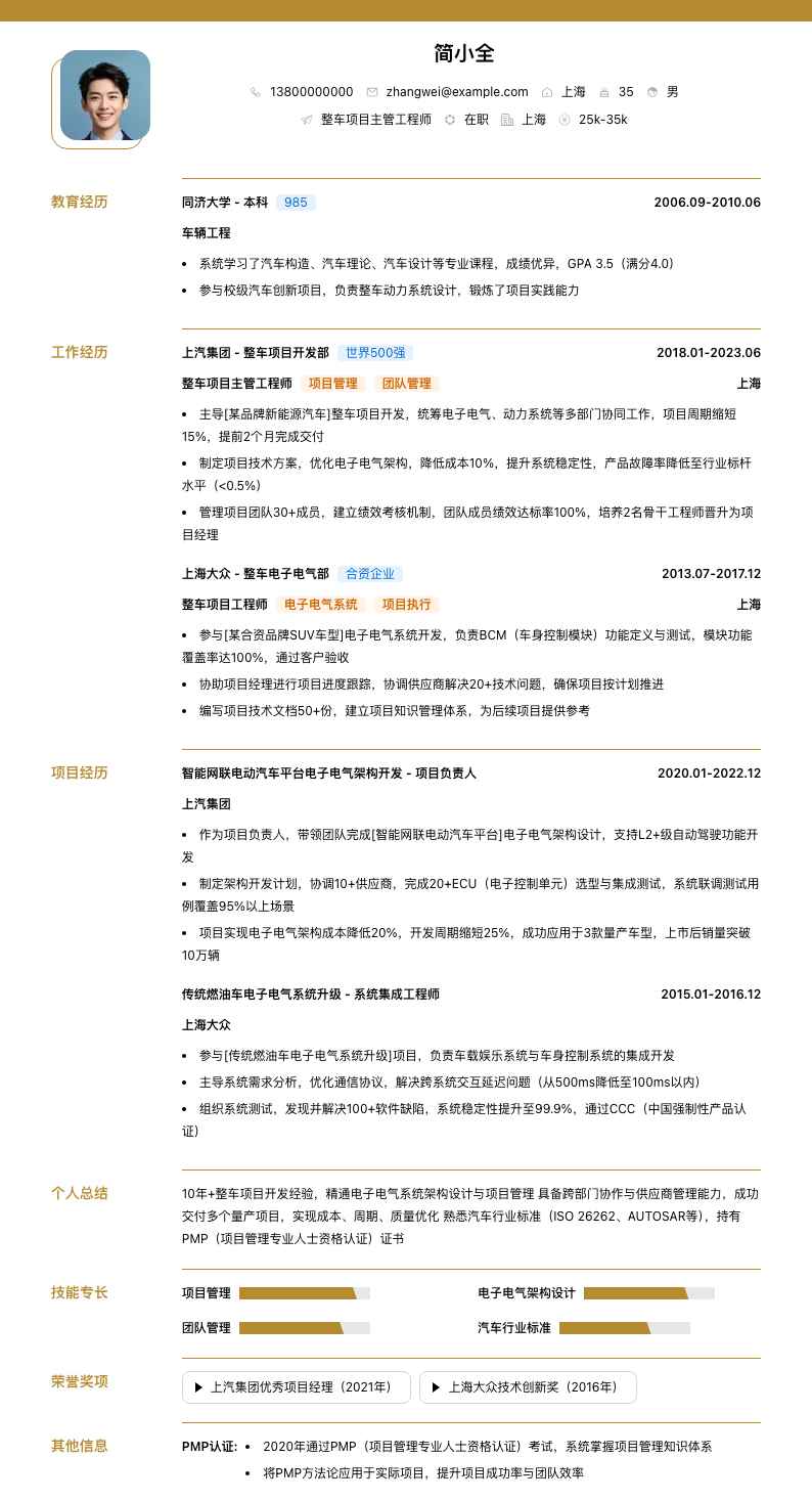 整车项目主管工程师简历模板