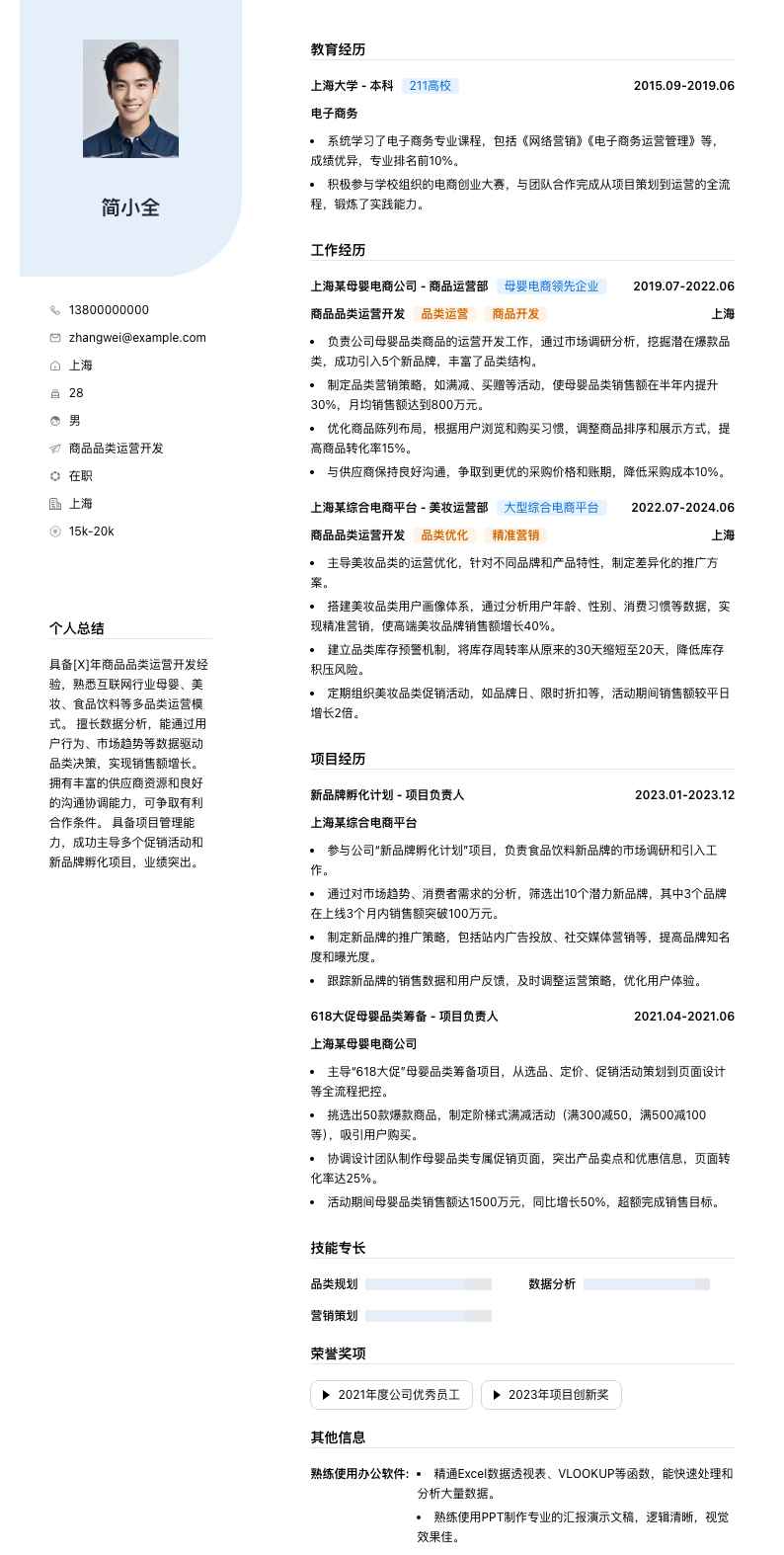 商品品类运营简历模板