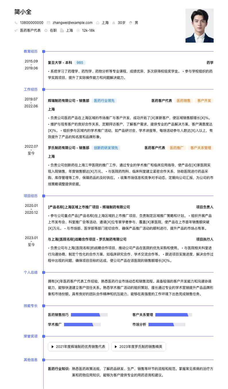 医药客户代表简历模板
