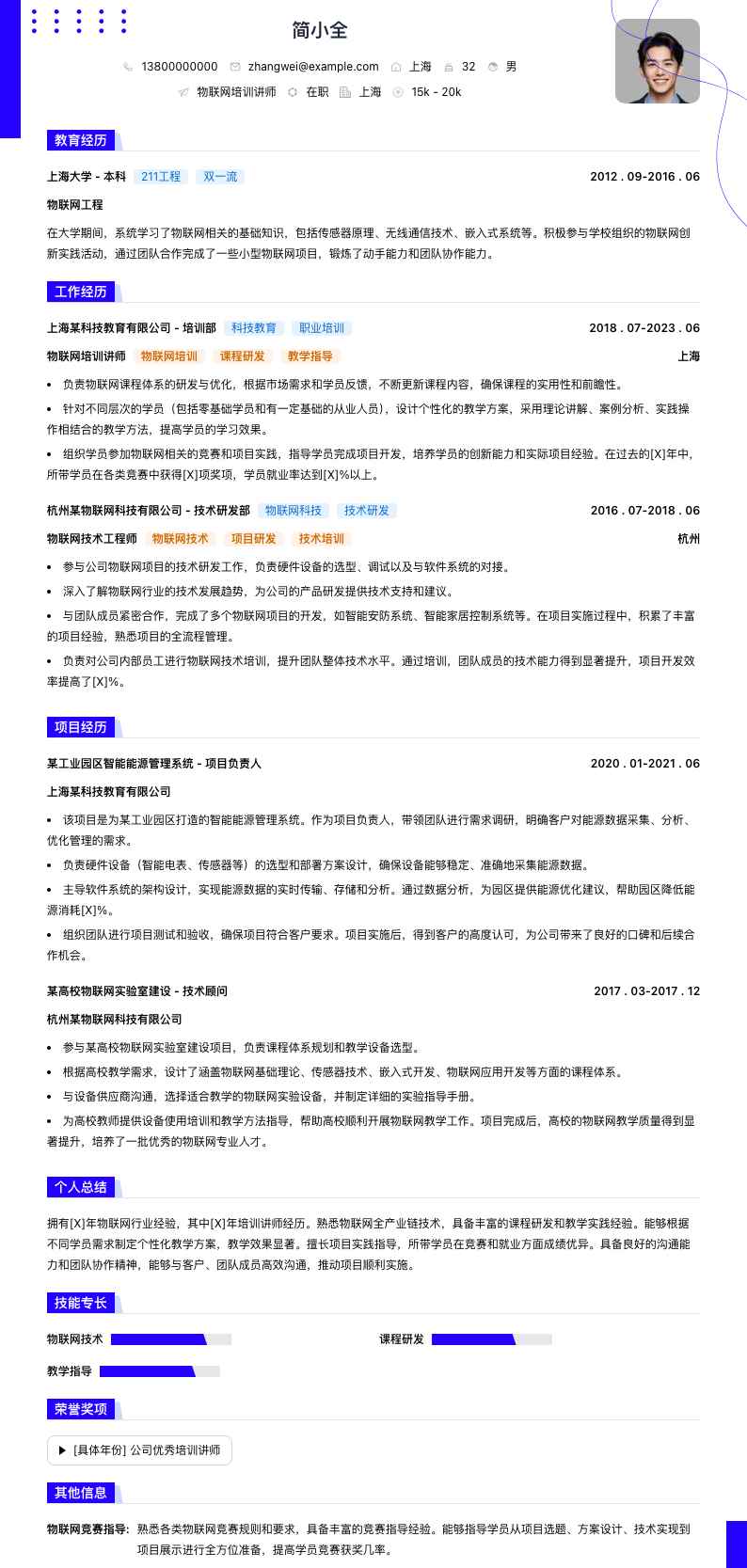 物联网培训讲师简历模板