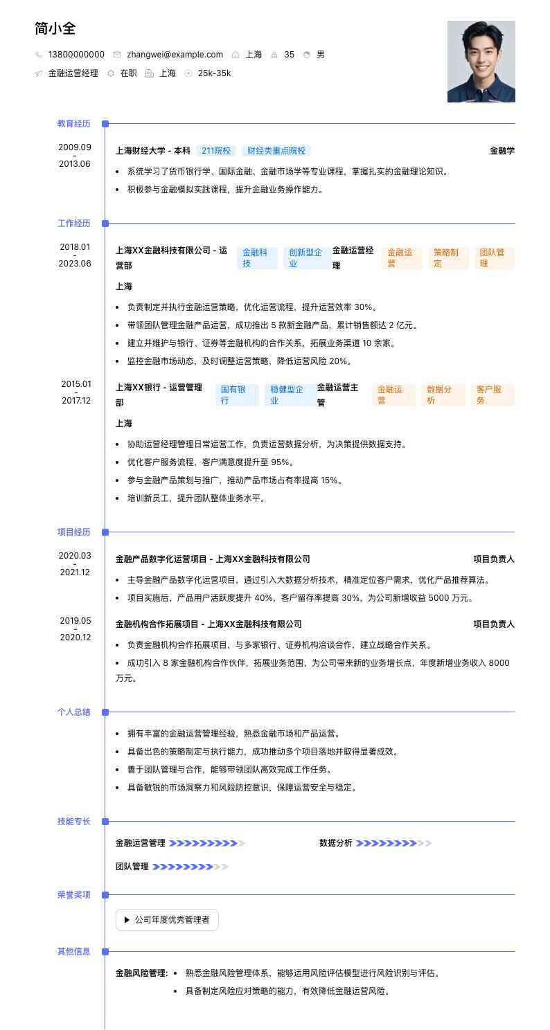 金融运营经理简历模板