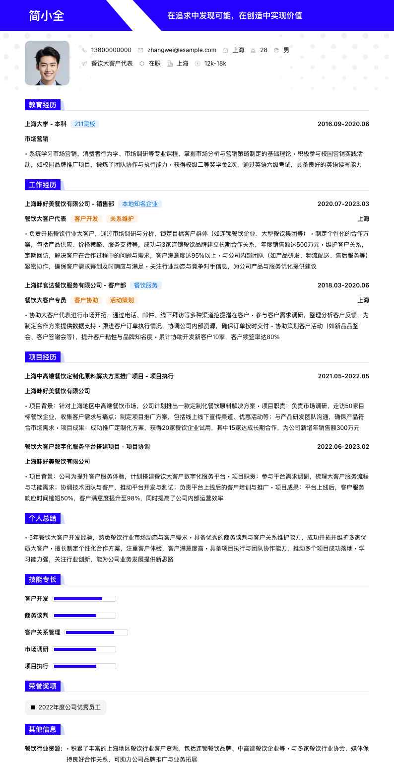 餐饮大客户代表简历模板