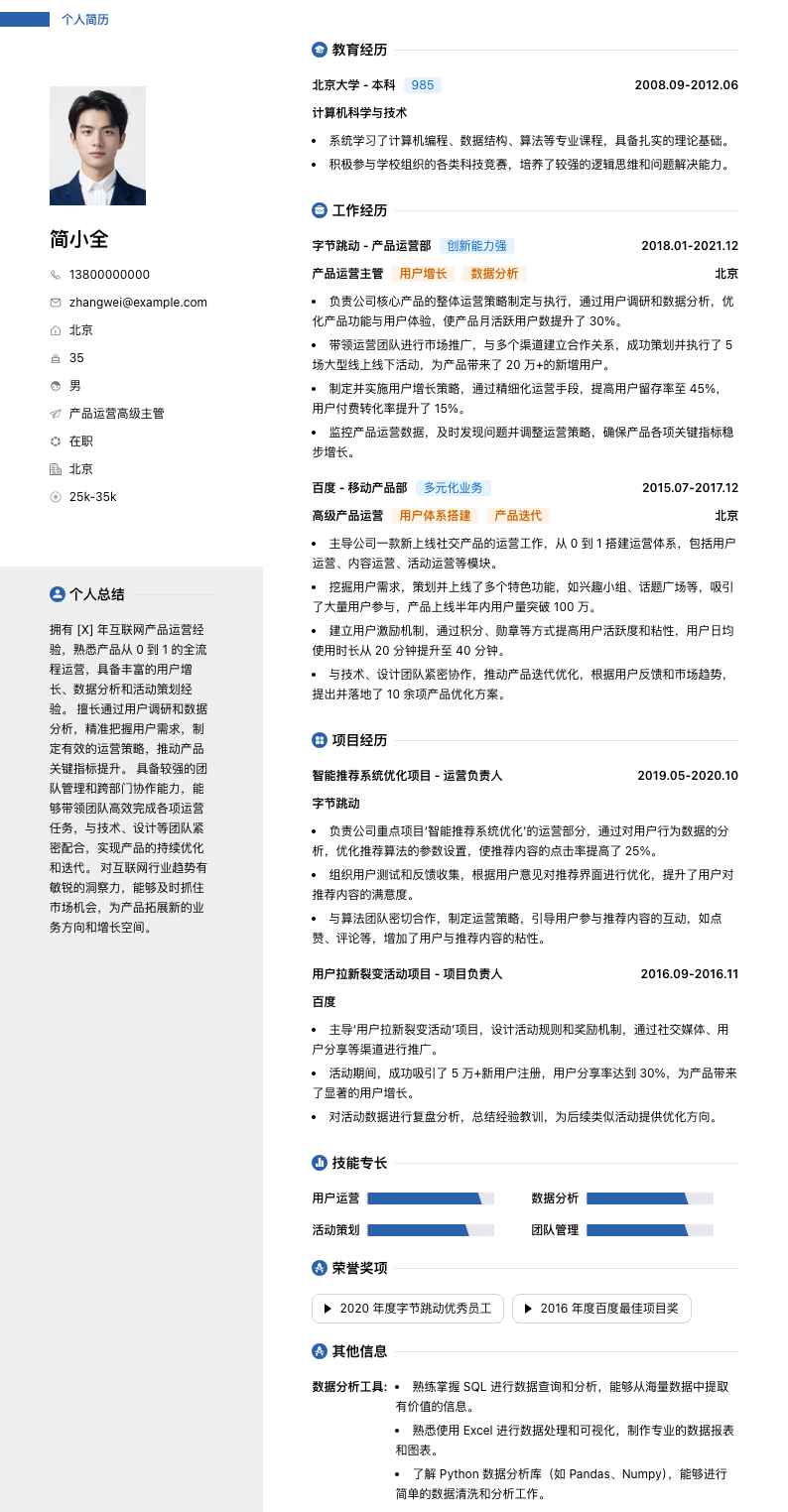 产品运营高级主管简历模板