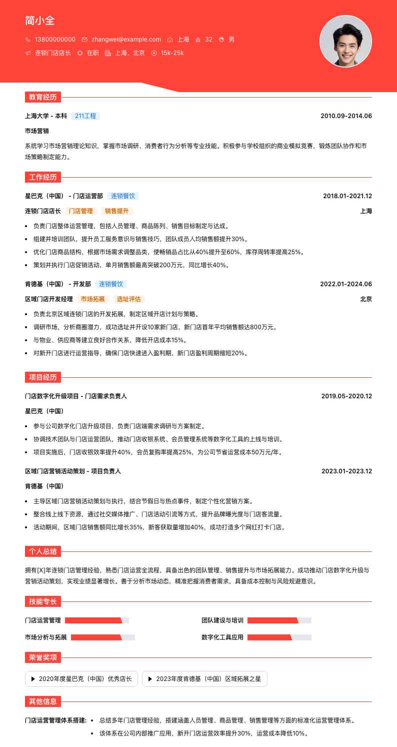 连锁门店店长简历模板