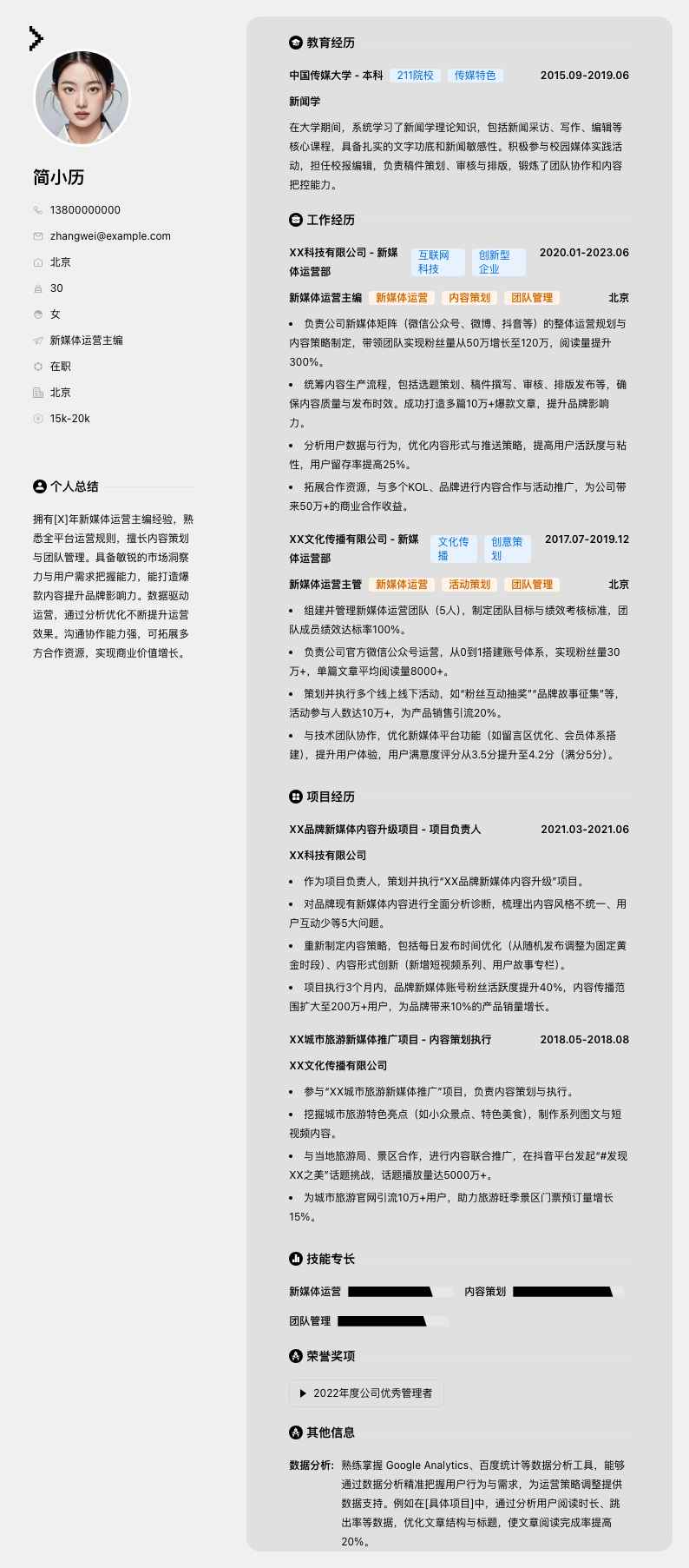 新媒体运营主编简历模板