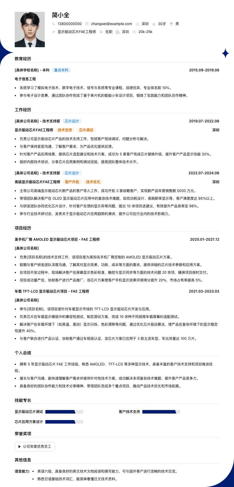 显示驱动芯片FAE工程师简历模板