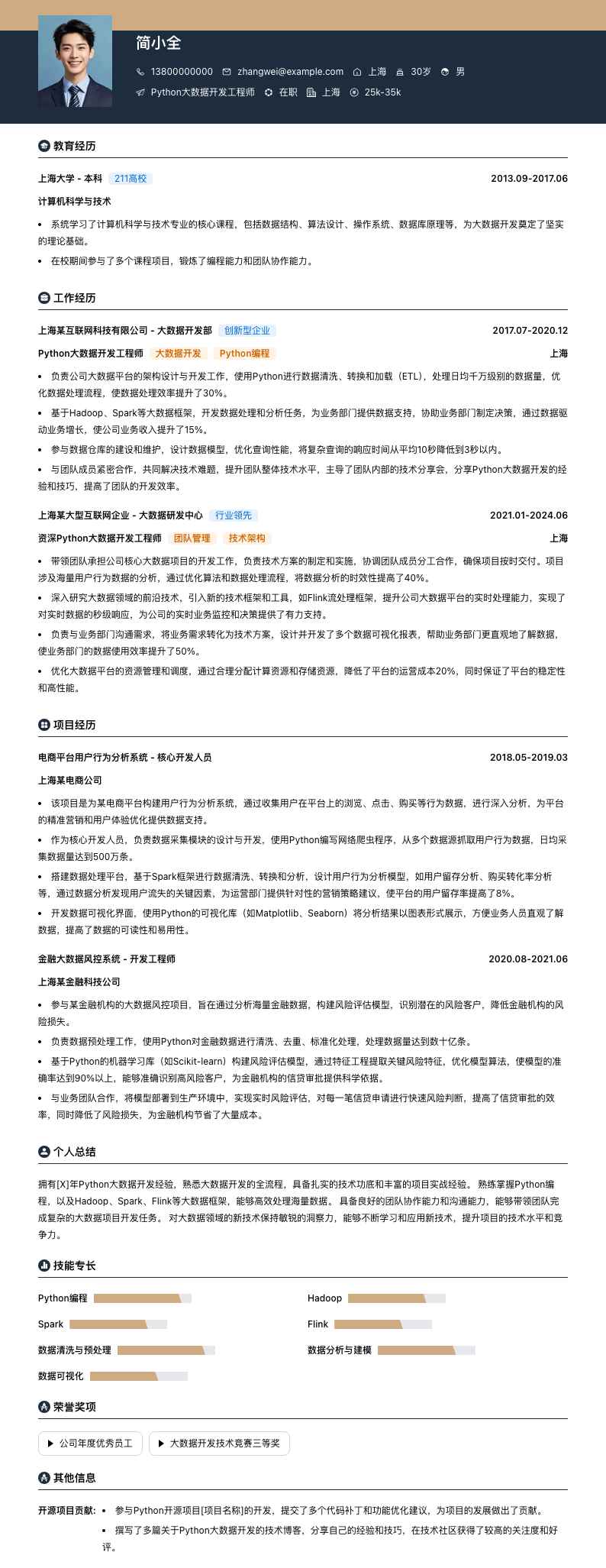 python大数据开发工程师简历模板