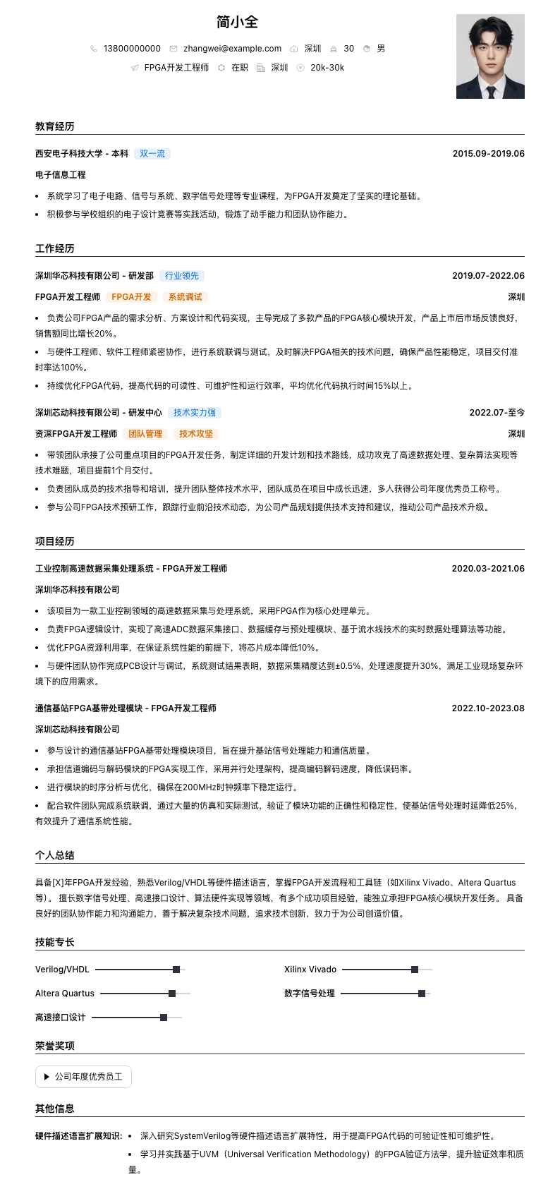 fpga开发简历模板