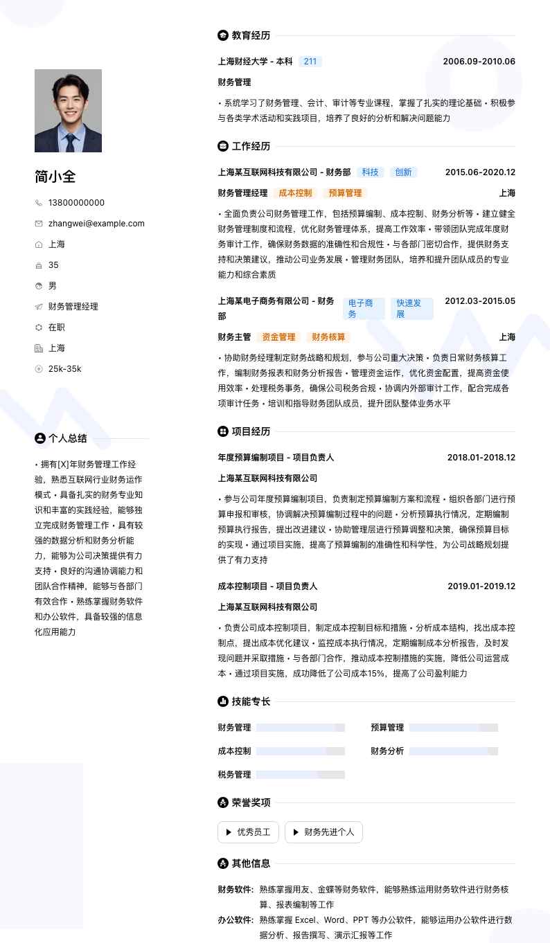 财务管理经理简历模板
