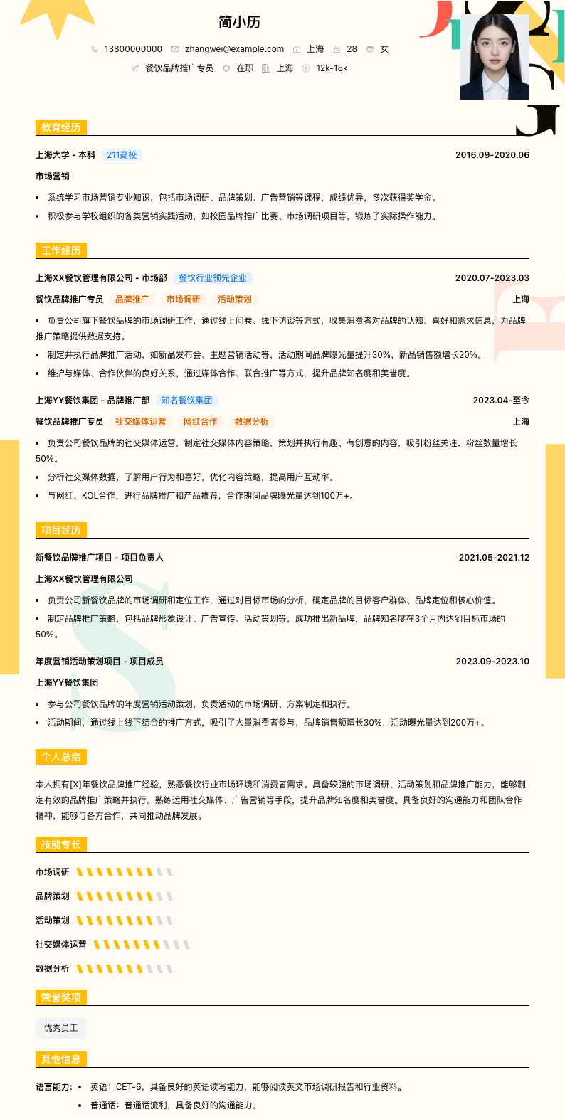 餐饮品牌推广专员简历模板