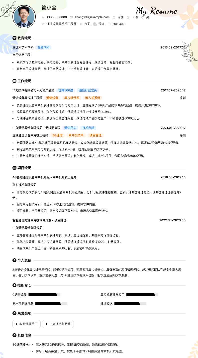 通信设备单片机工程师简历模板
