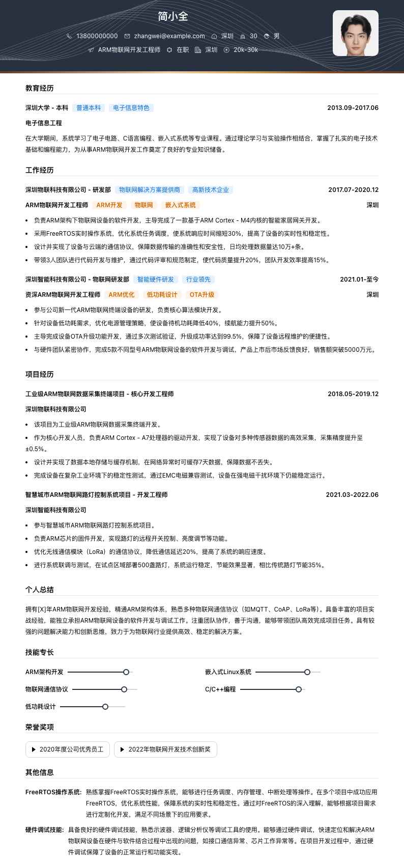 ARM物联网开发工程师简历模板