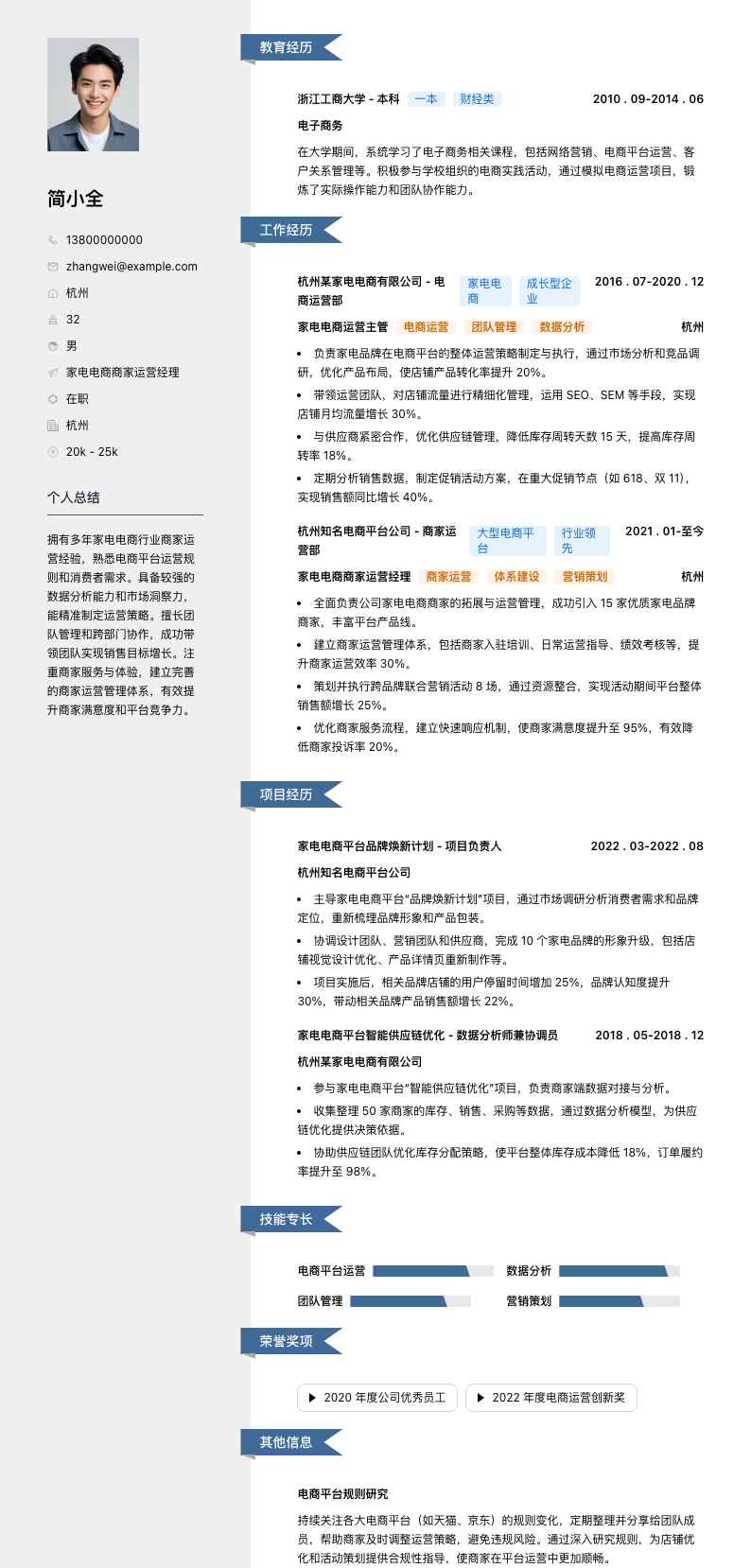 家电电商商家运营经理简历模板