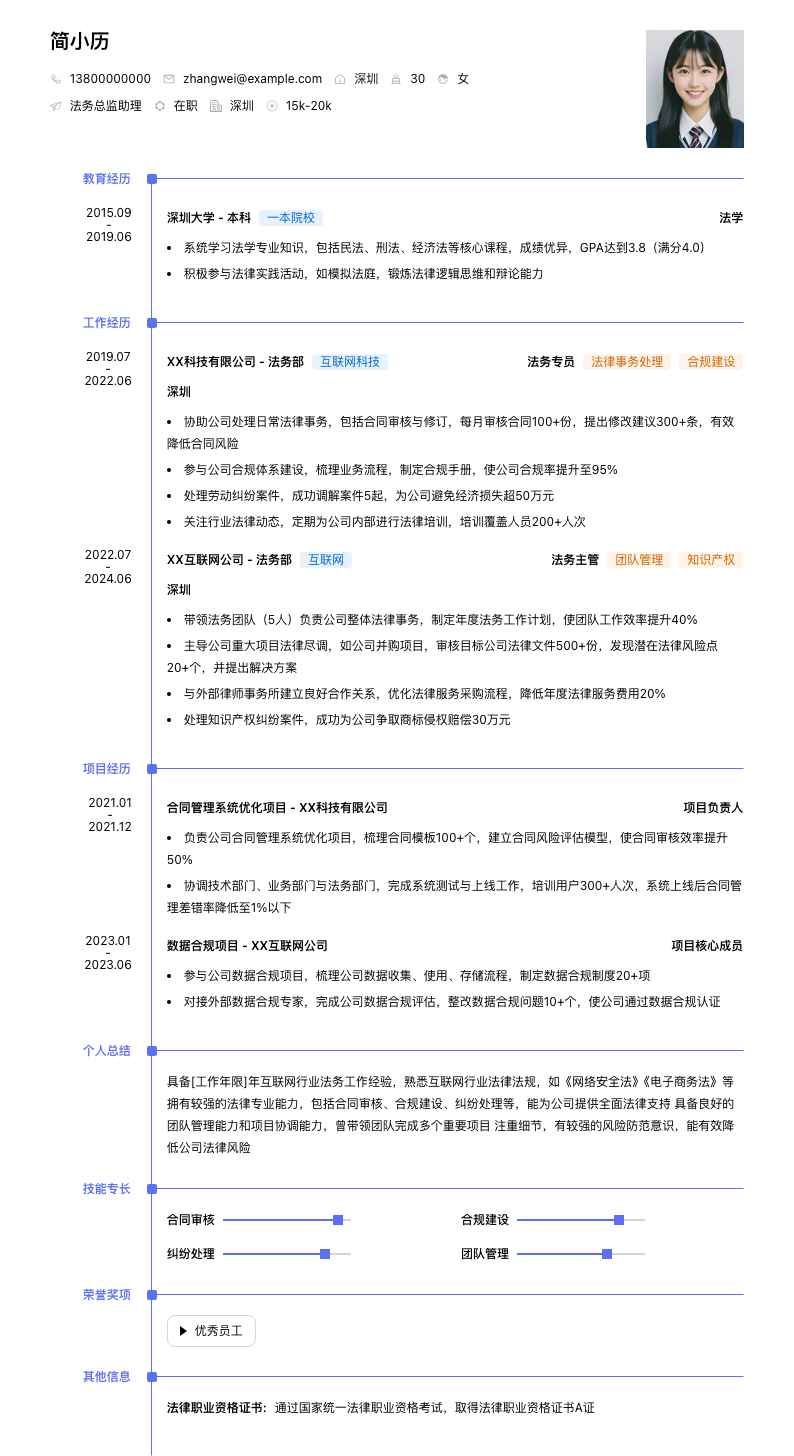法务总监助理简历模板